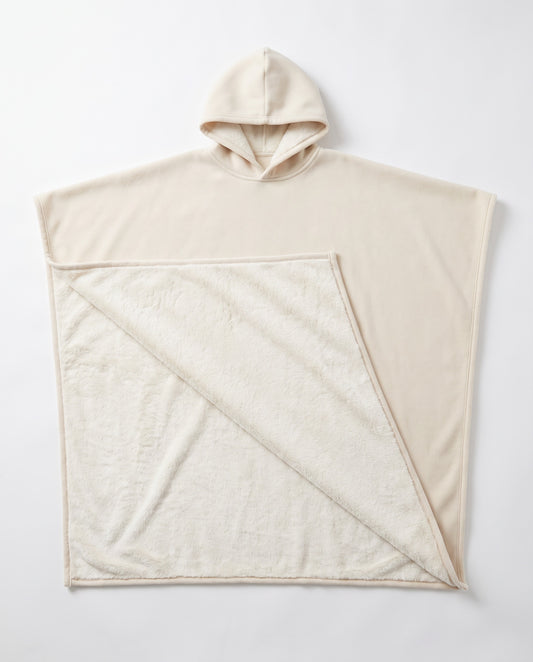 Wren oversized hooded blanket in oatmeal, laid flat on white with the hood visible