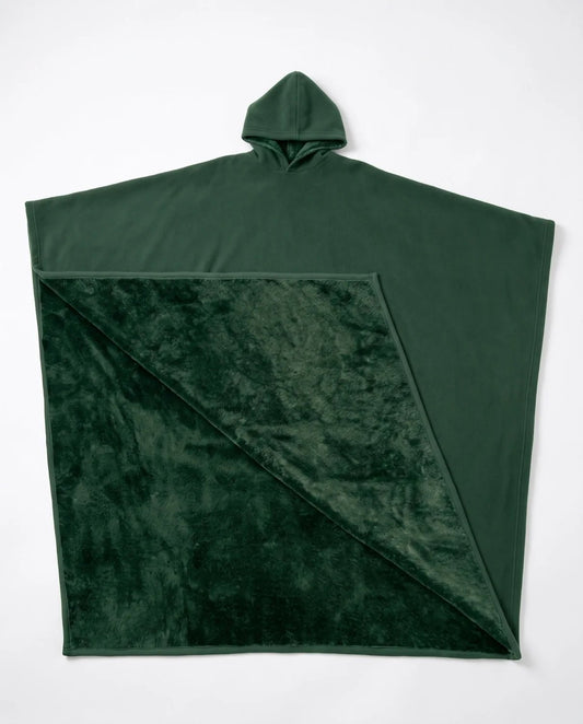 Hazel oversized hooded blanket in forest green, laid flat on white with the hood visible