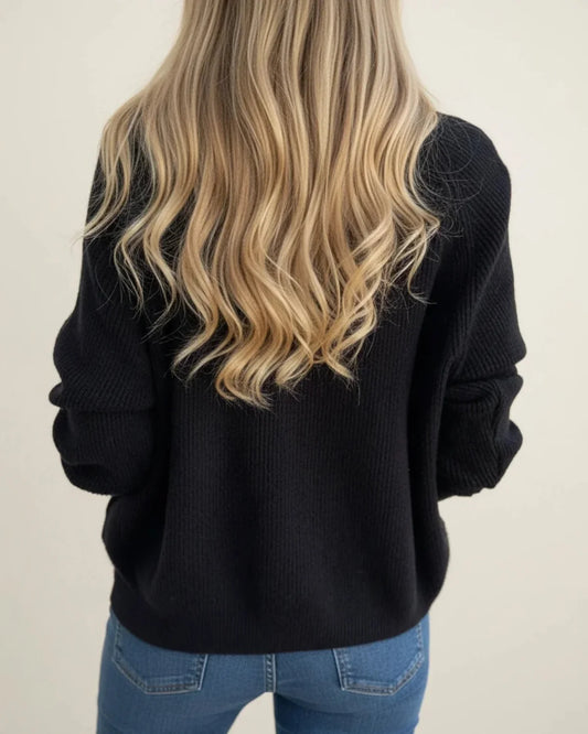 Black Half Zip Sweater – Fold-Over Collar Winter Women's