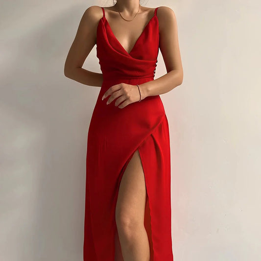 Black Satin Dress – Cowl Neck Maxi High Slit Holiday - Red