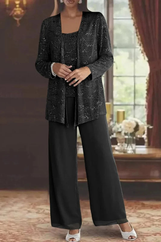 Black Sequin Pant Set – Three-Piece Holiday Cardigan Set
