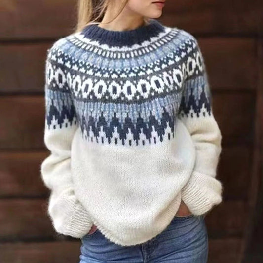 Grey Fair Isle Sweater – Women's Nordic Yoke Winter Knit - White