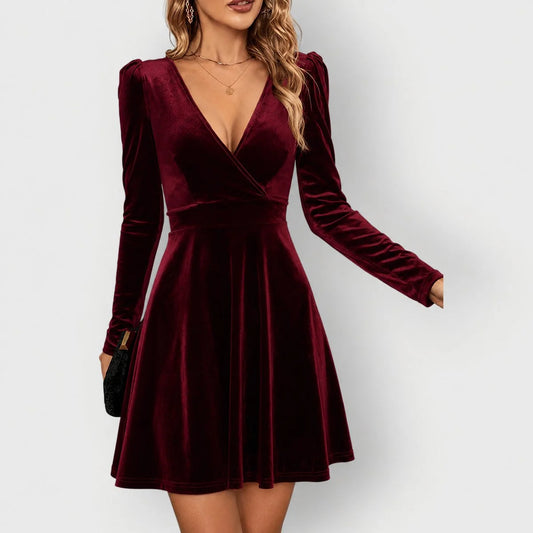 Red Christmas Dress – Velvet V-Neck Skater Long Sleeve
