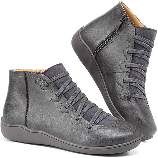 Black Ankle Boots for Women – Side Zip Elastic Lace Flat - Grey