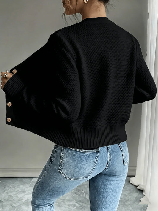 Black Cardigan Women – Cable Knit Crew Neck Button Front