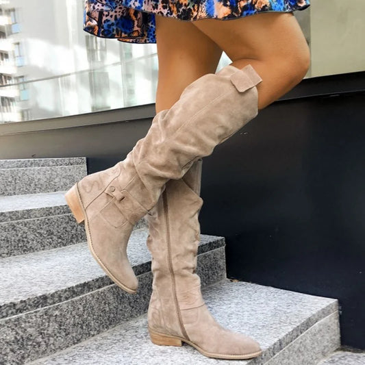Black Over the Knee Boots – Flat Suede-Look Slouch - Beige