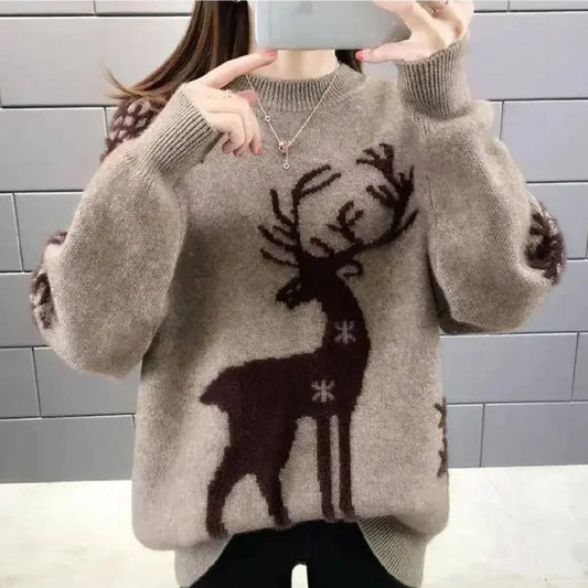 Cream Holiday Sweater Women – Reindeer Fluffy Knit Winter - Brown