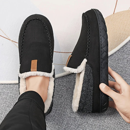 Black Men's Slippers – Fleece-Lined Suede-Look Moccasin