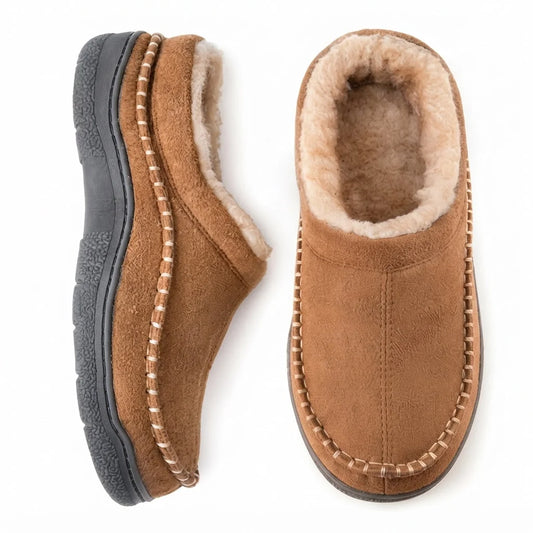 Black Moccasin Slippers for Men – Fleece-Lined Suede Clog - Light Brown
