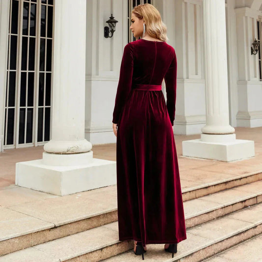Velvet Maxi Dress Burgundy Tie Waist - Burgundy