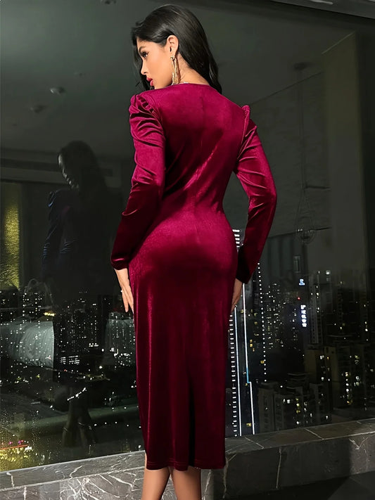 Velvet Midi Dress Crimson Wrap - Crimson