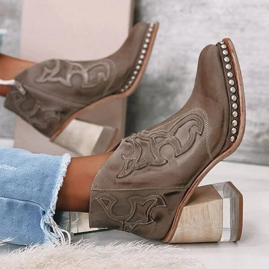 Studded Ankle Boots Black Western - Brown