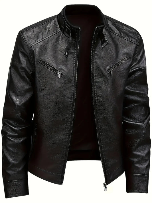 Men's Biker Jacket Black Stand Collar - Black