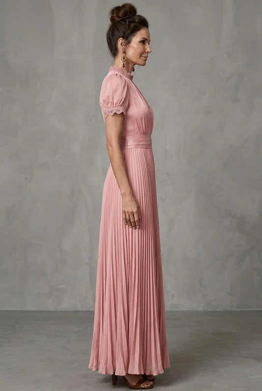 Lace Maxi Dress Blush Pleated - Blush