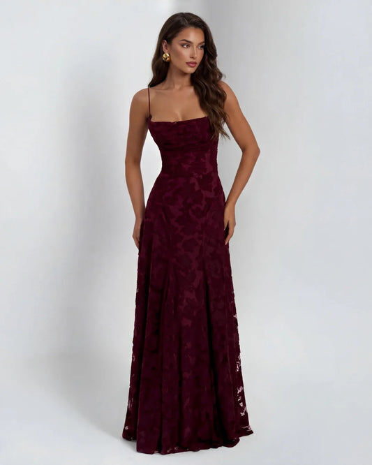Lace Maxi Dress Burgundy Floral Straps - Burgundy