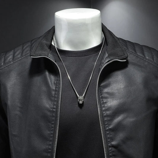 Men's Biker Jacket Black Quilted Shoulder - Black