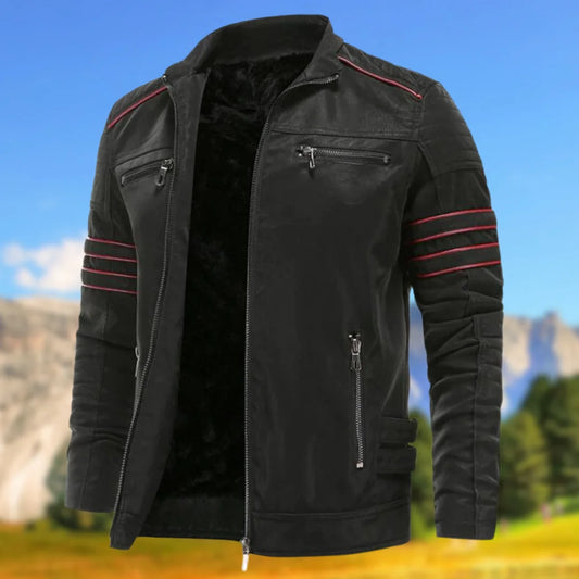 Men's Biker Jacket Black Striped Sleeve - Black