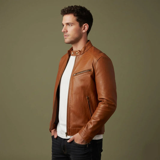 Men's Biker Jacket Brown Cafe Racer - Brown