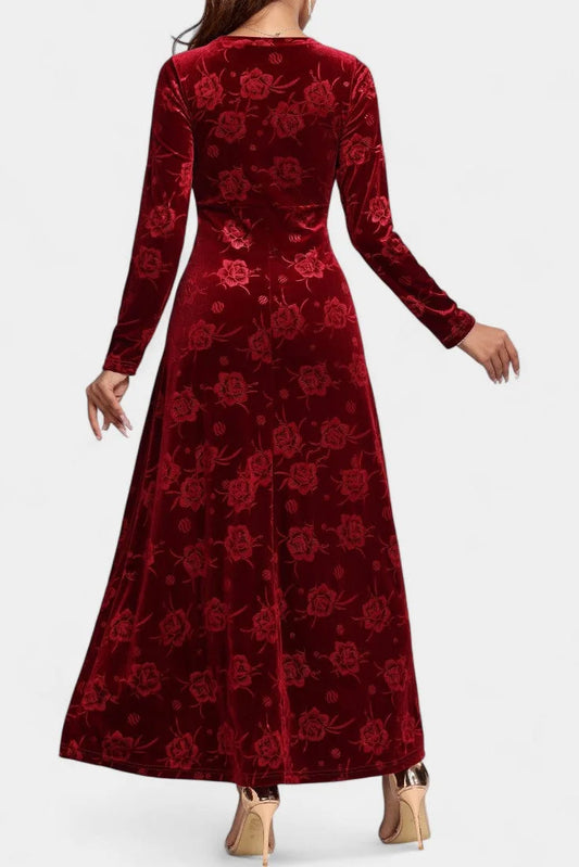 Velvet Maxi Dress Burgundy Floral - Burgundy