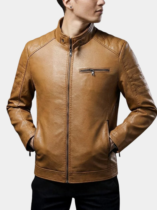 Men's Biker Jacket Tan Stand Collar view 2