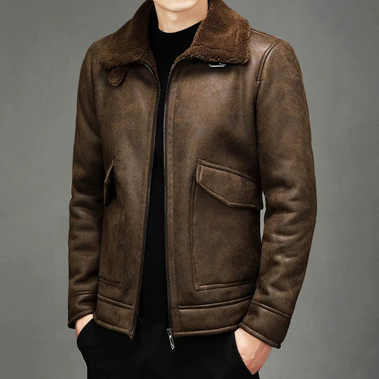 Men's Brown Leather-Look Biker Jacket Fleece Collar view 2