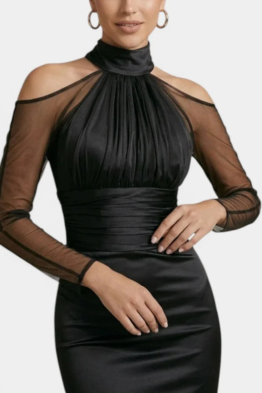 Satin Maxi Dress Black Halter Sheer Sleeves - Black
