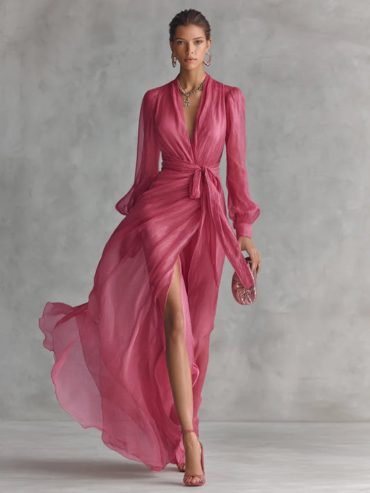 Wedding Guest Dress Pink Chiffon Tie-Waist - Pink