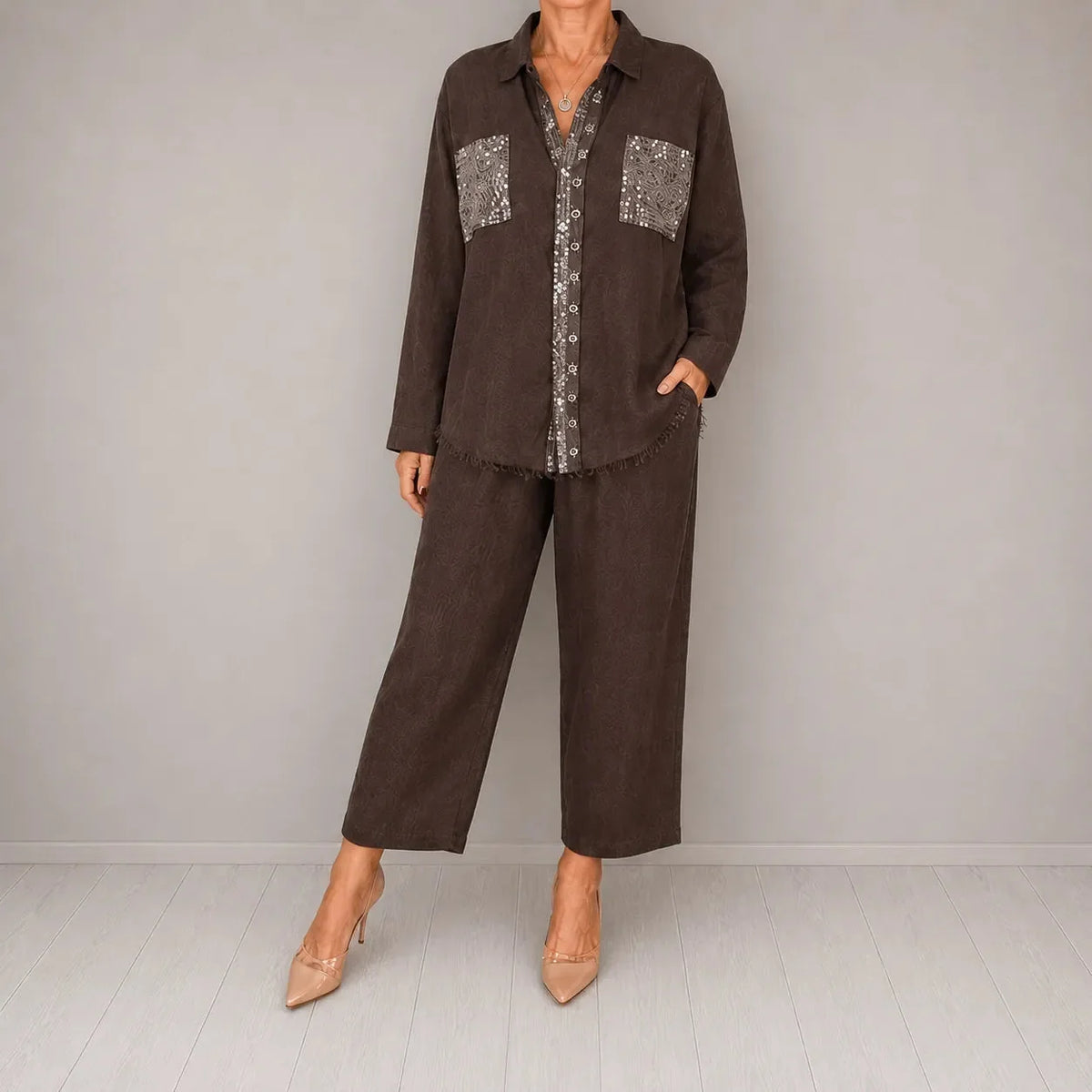 Sequin Pant Set Shirt Detail — Dark Brown