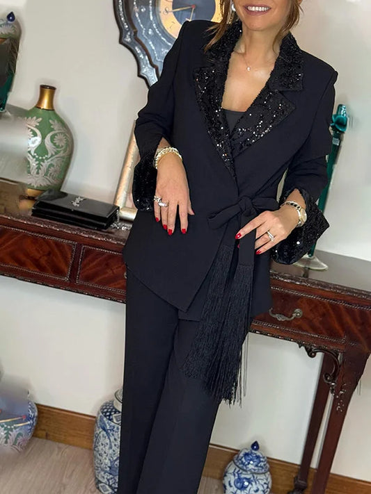 Sequin Pant Set Black Tie Waist — Black — view 2