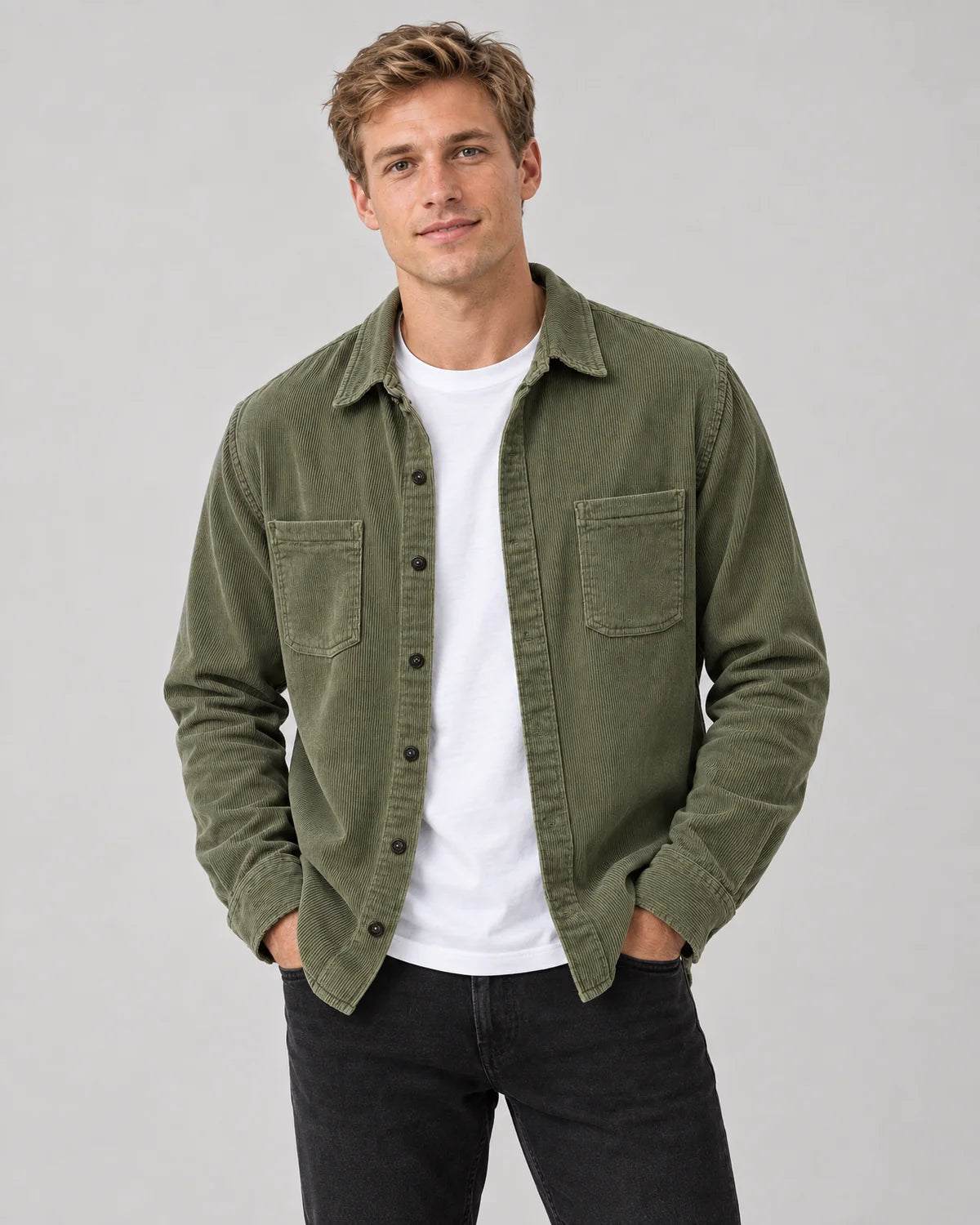 Men's shirt jacket with flap chest pockets in Military Green