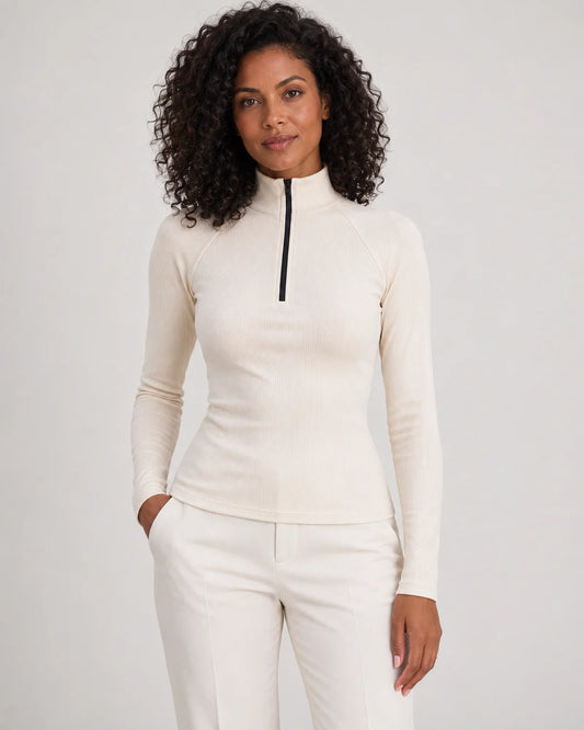 Women's ribbed half-zip high neck top in Cream