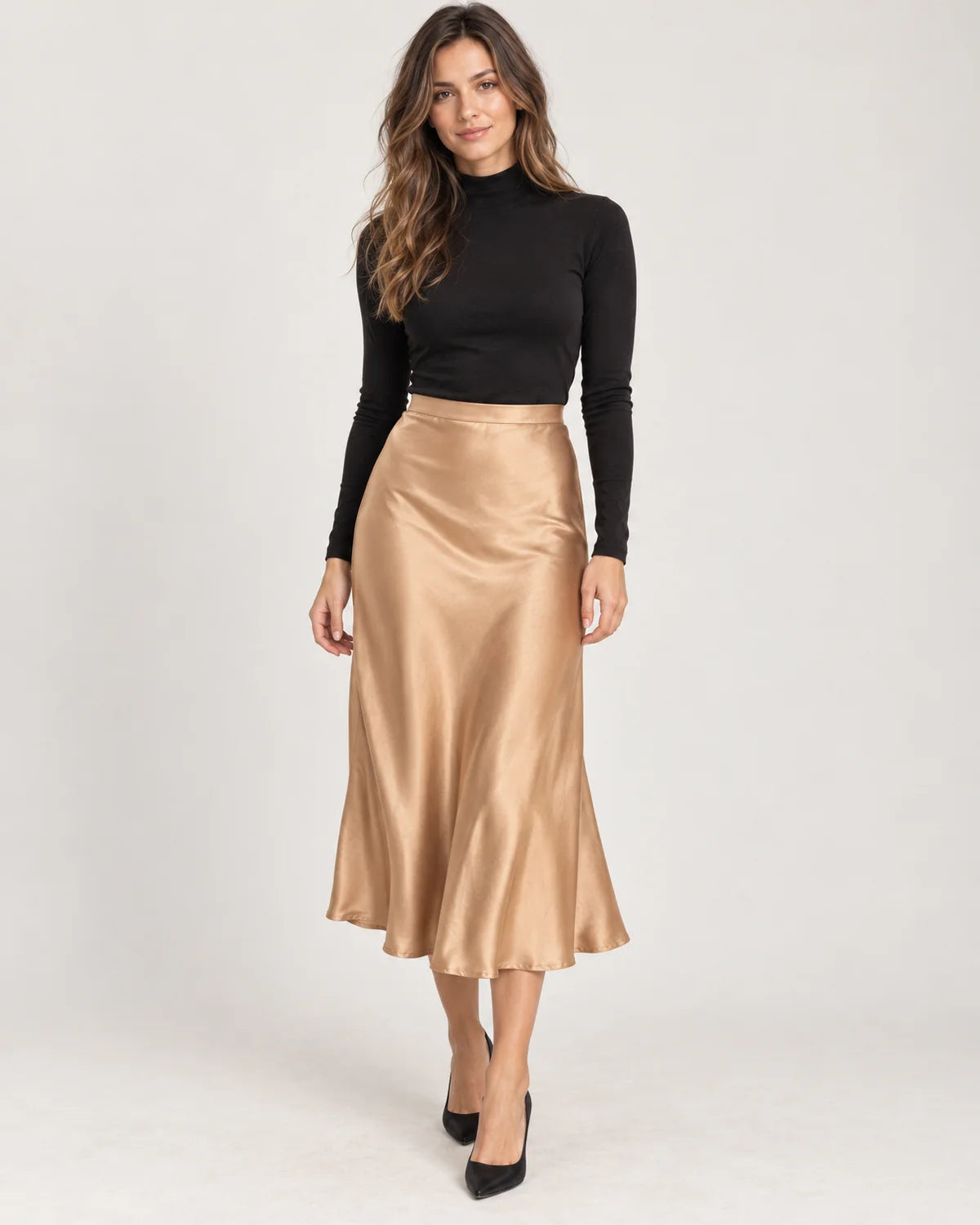 Women's high-waisted A-line midi skirt in Camel