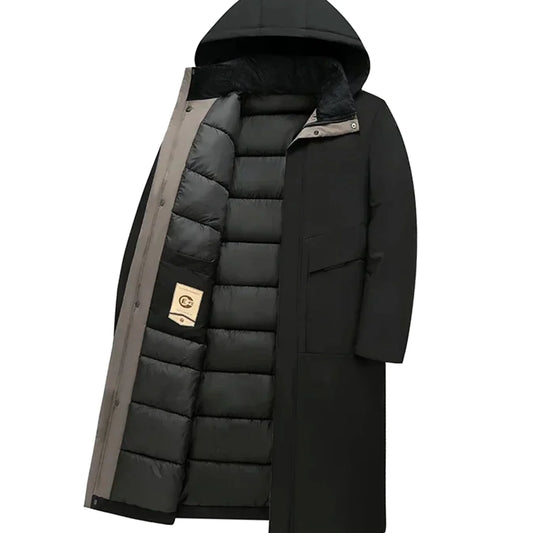 Men's Long Coat – Black Hooded Style with Front Pockets — Black