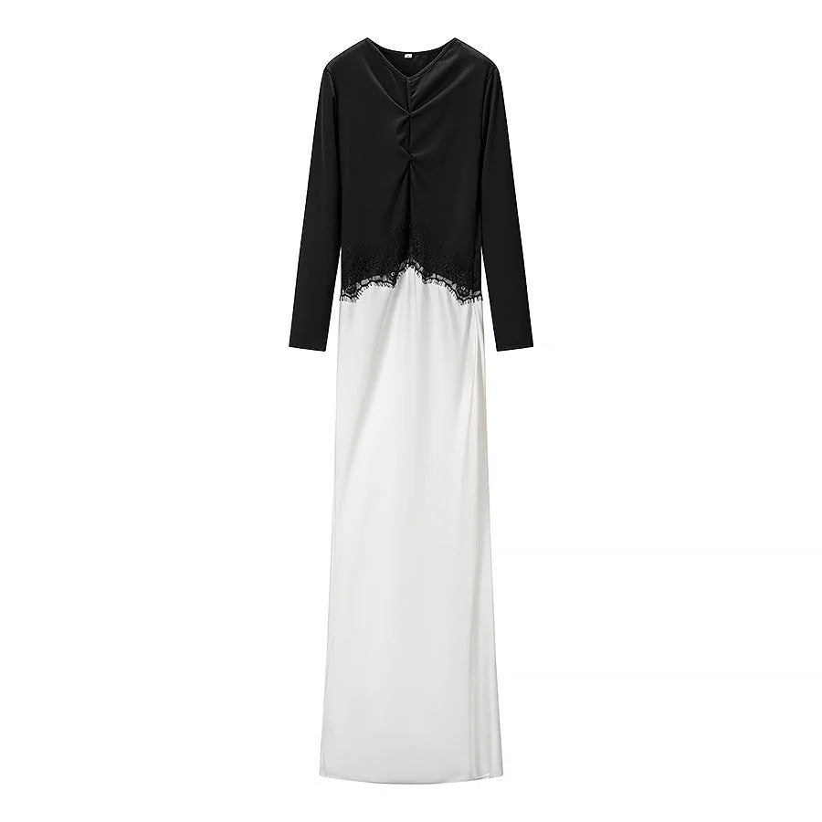 Lace Maxi Dress – Black and White Long Sleeve Contrast Bodice — Black/White