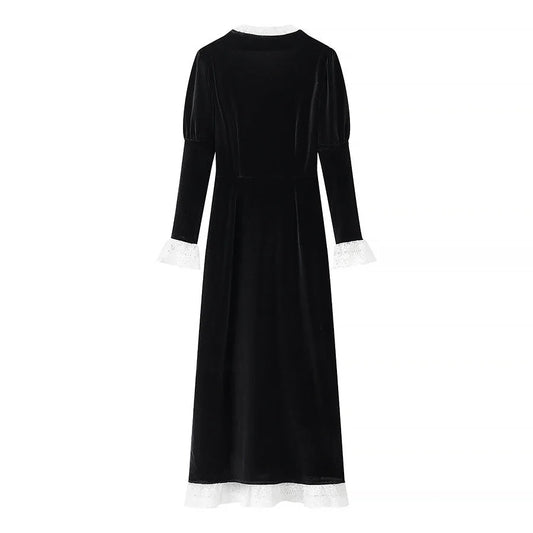 Velvet-Look Maxi Dress – Black Square Neck and Lace Trim — Black