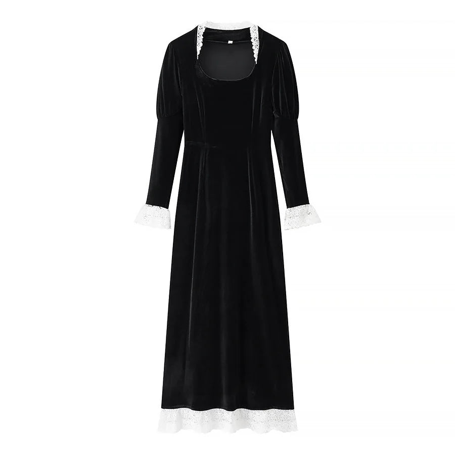 Velvet-Look Maxi Dress – Black Square Neck and Lace Trim — Black