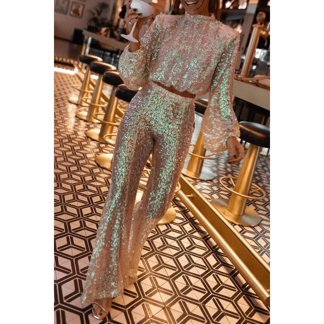 Sequin Pant Set – Multicolour High-Neck Top and Trousers — Multicolour