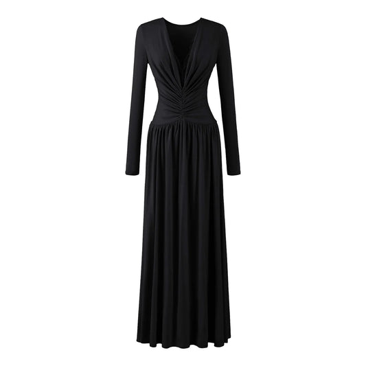 Lace Maxi Dress – Black Long Sleeve Wrap-Style Bodice — Black