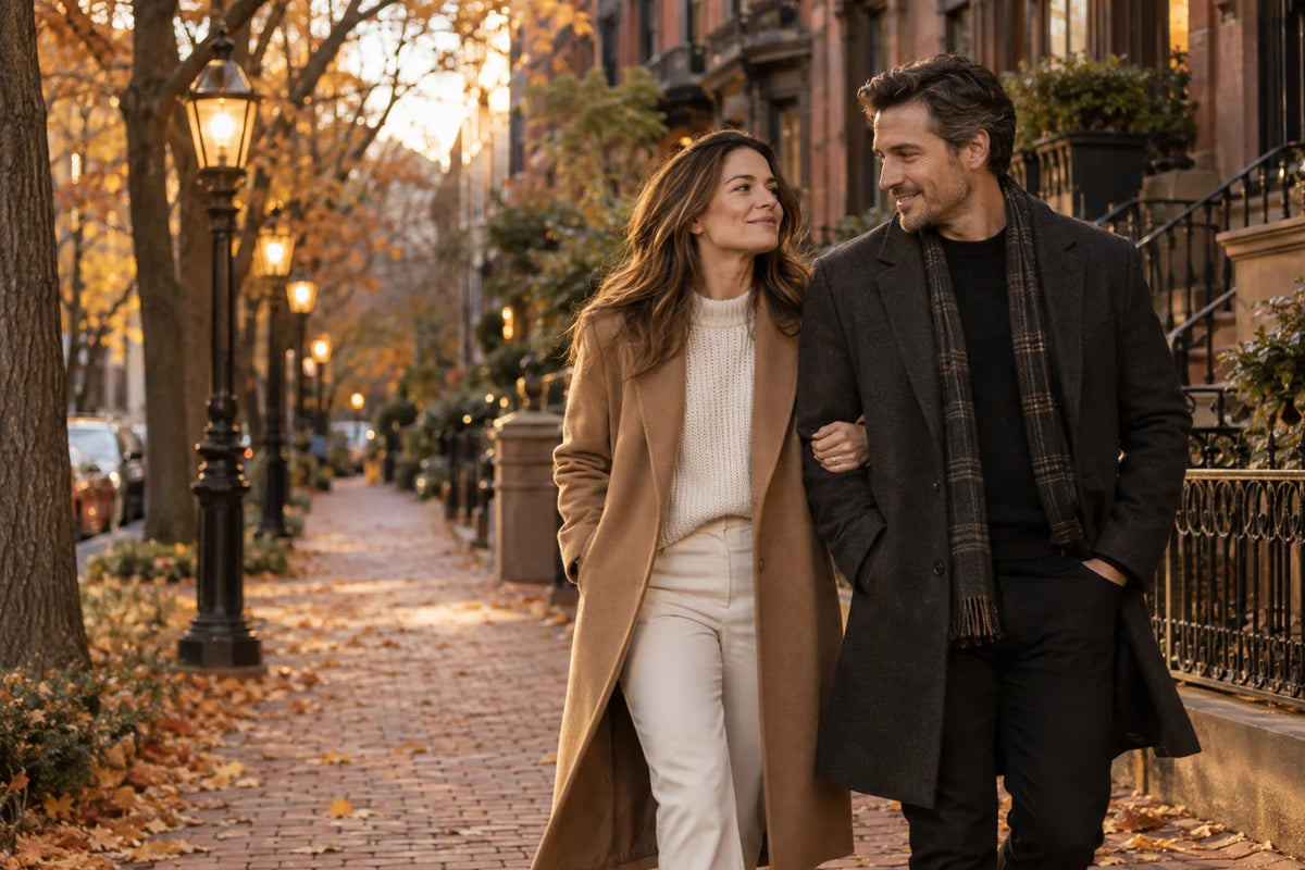Woman in a long camel coat and man in a charcoal overcoat walking arm in arm on an autumn brownstone street