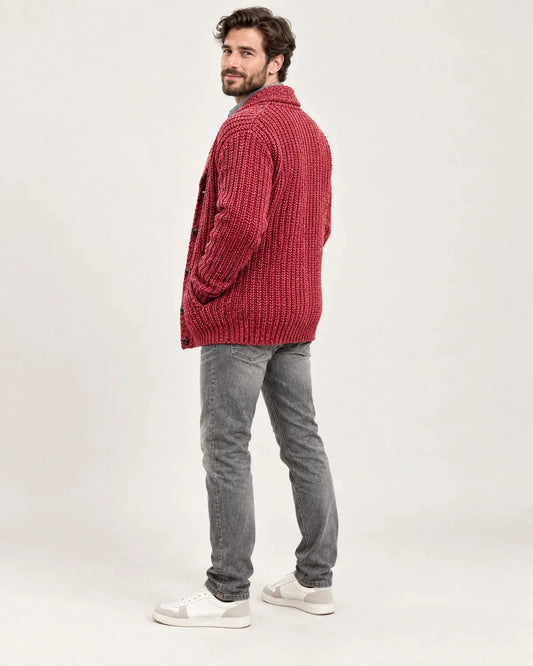 Anselm men's ribbed knit cardigan with shawl collar in Red, side view on a model