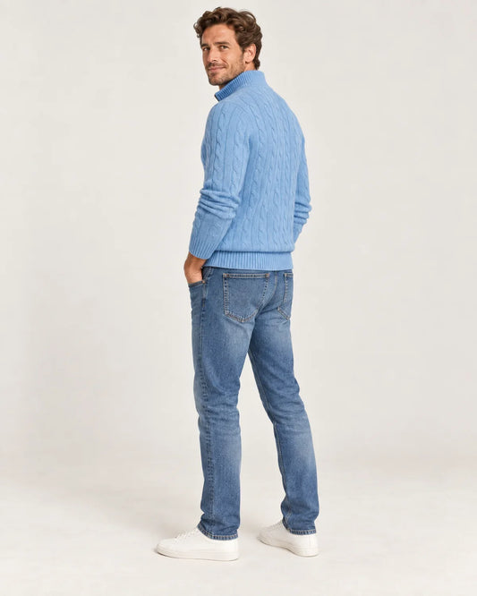 Brandt men's cable-knit half-zip sweater with high collar in Grey, side view on a model