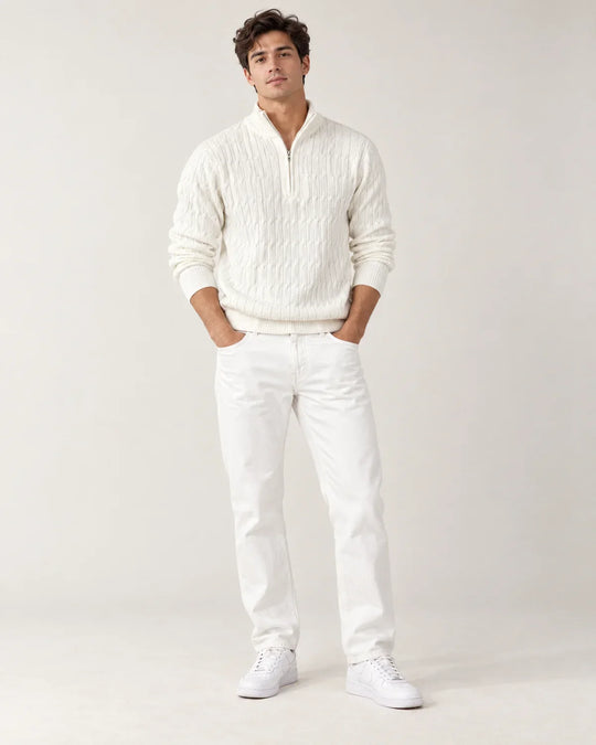 Emory men's quarter-zip sweater with funnel neck, shown on model