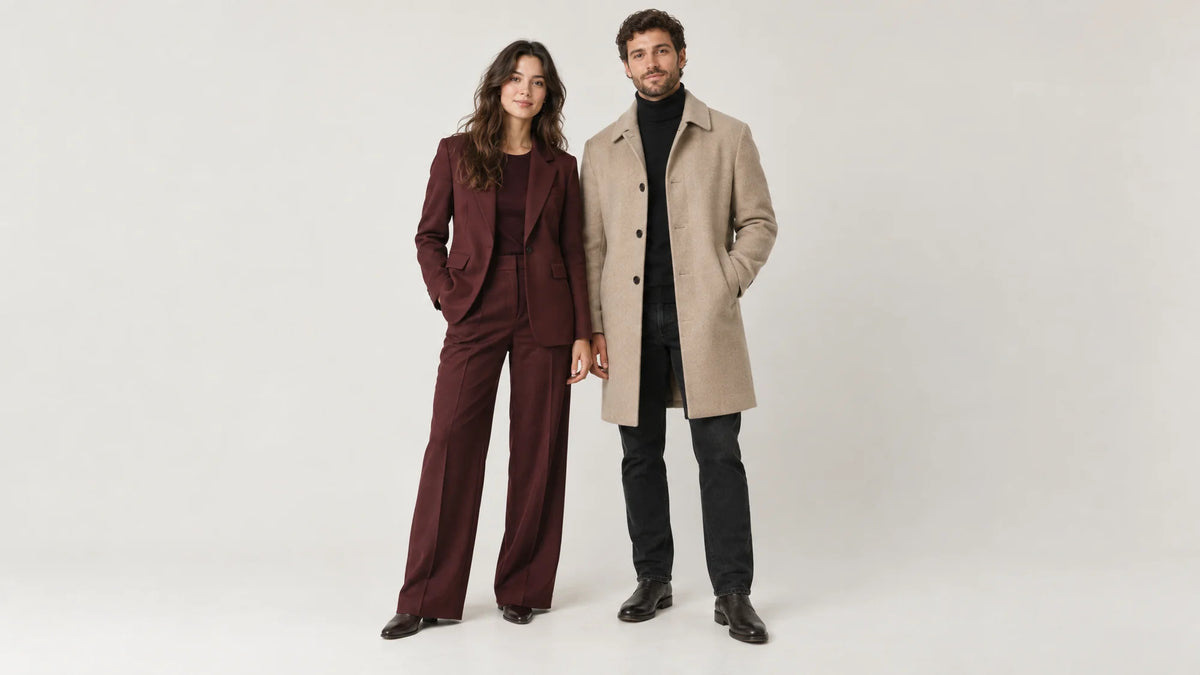 A woman in a burgundy trouser suit and a man in a beige longline coat standing side by side in a studio
