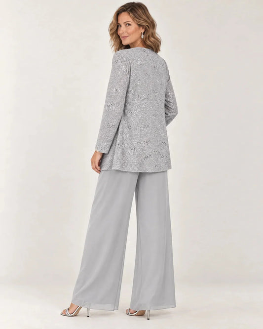 Aurelie women's three-piece wide-leg pant set in silver lace, back view on a model