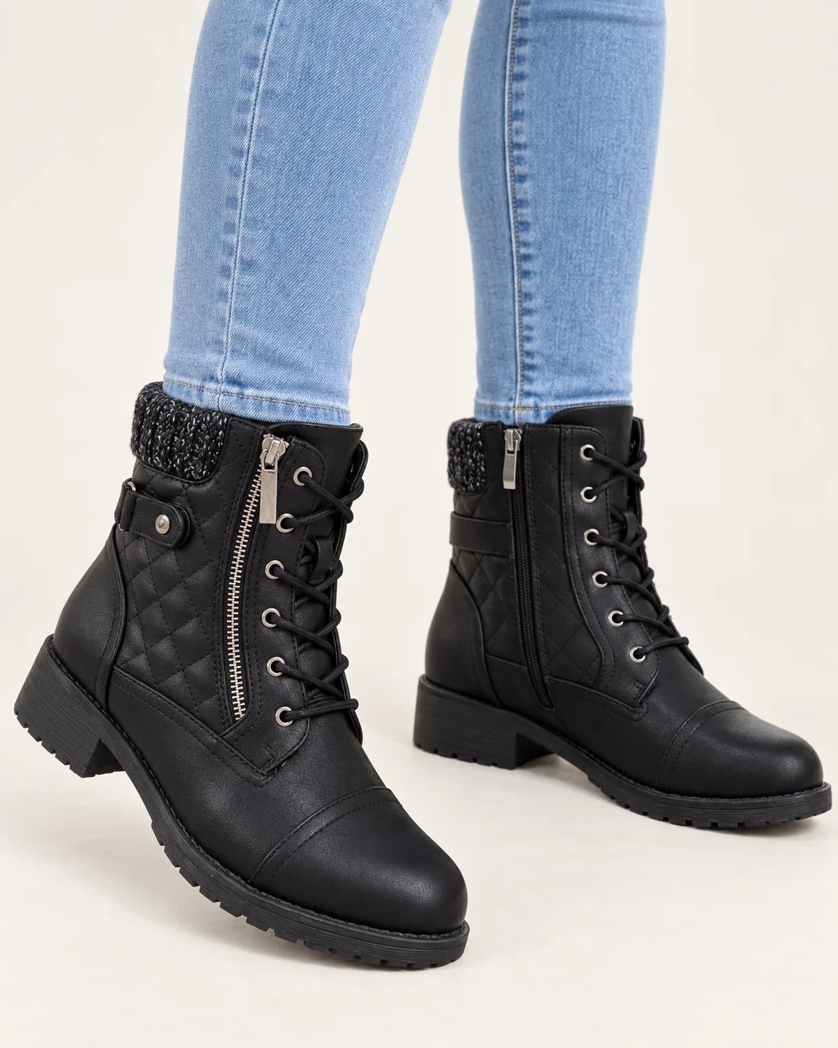 Liesel women's quilted lace-up ankle boots in black, close-up of the quilting, laces, side zip and block heel