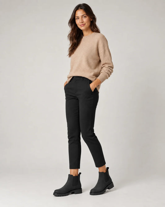 Maren women's black Chelsea boots with chunky lug sole, three-quarter side view