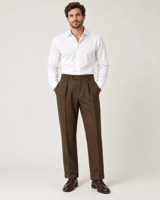 Sinclair men's herringbone pleated trousers in brown, full-length front view on model