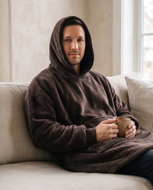 Man sitting on a sofa with a mug, wearing the Otis hooded blanket in espresso with the hood up