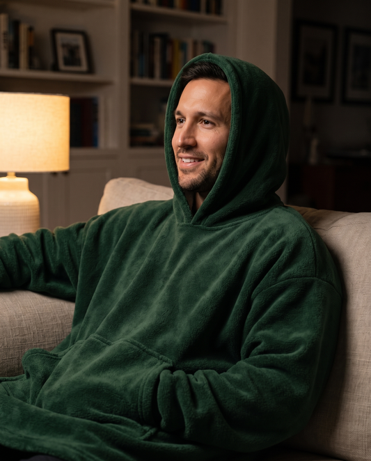 Man watching television in the evening wearing the Hazel hooded blanket in forest green with the hood up