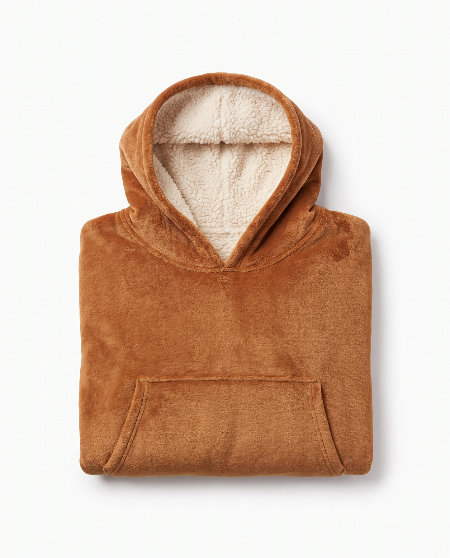 Alba sherpa-lined hooded blanket in cognac, folded flat on white with the cream lining visible in the hood